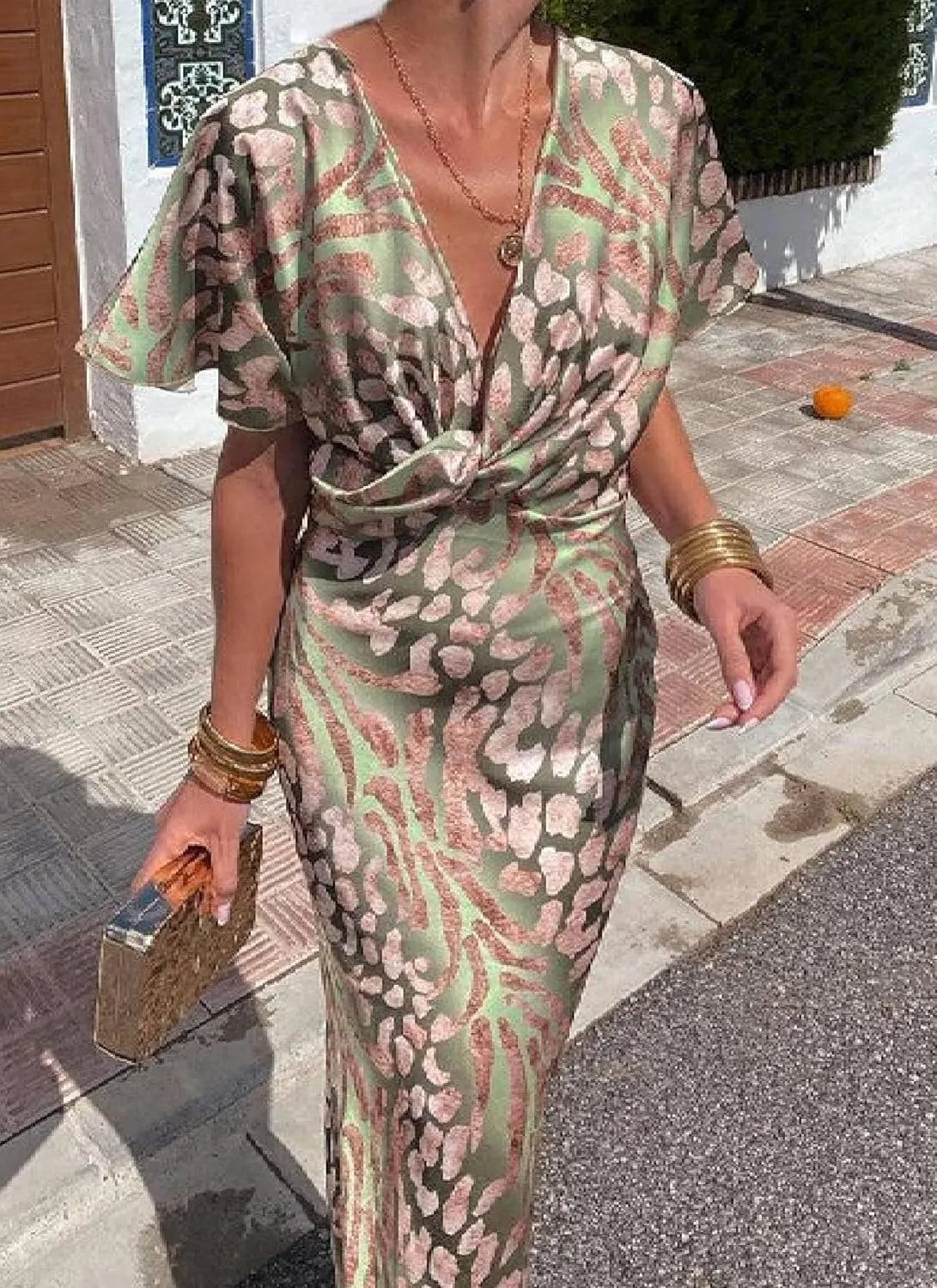 Women's 2025 Summer Maxi Dresses Short Sleeve V Neck Twist Knot Dress Elegant Spring Print Party Long Satin Dresses
