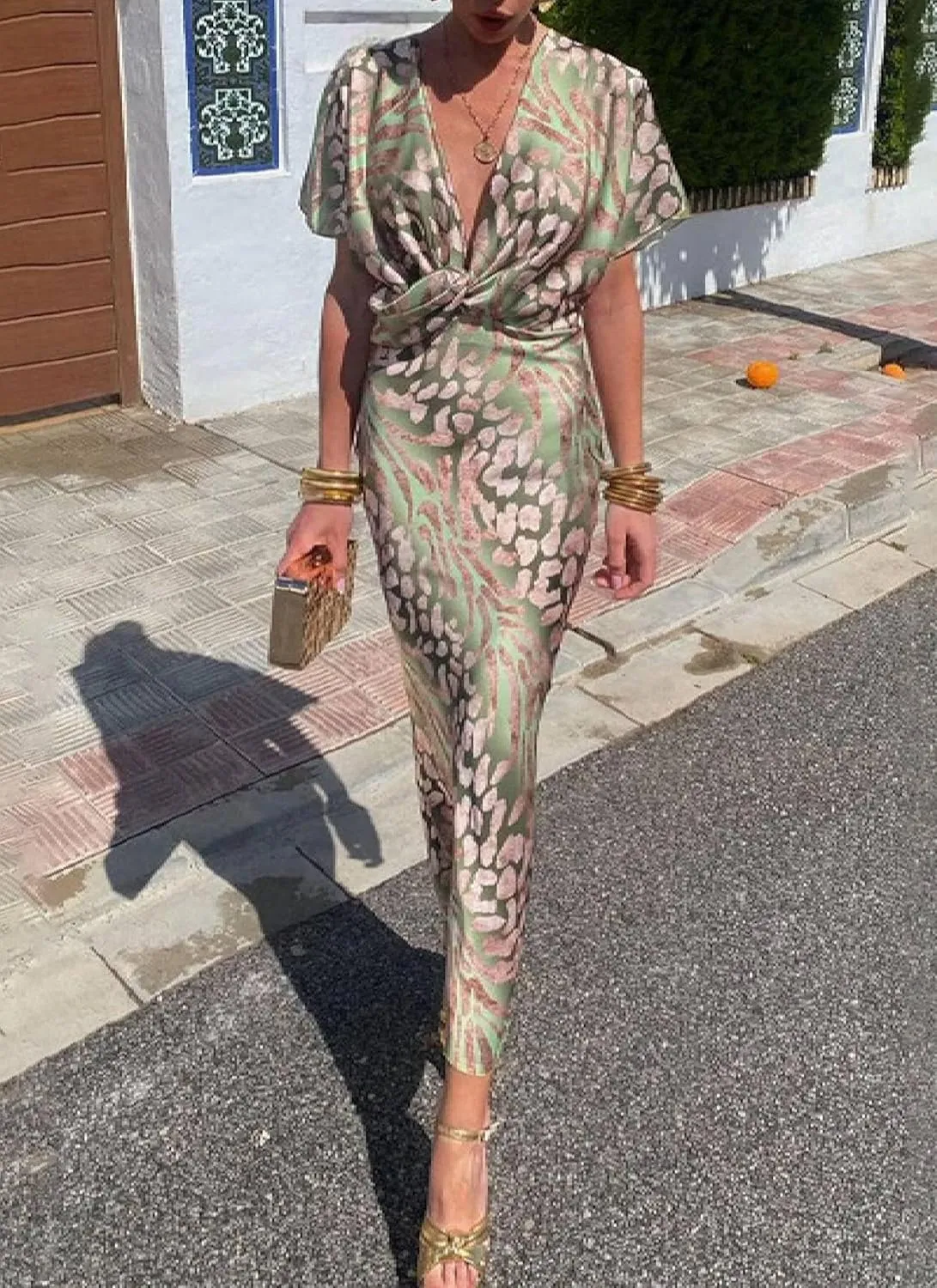 Women's 2025 Summer Maxi Dresses Short Sleeve V Neck Twist Knot Dress Elegant Spring Print Party Long Satin Dresses
