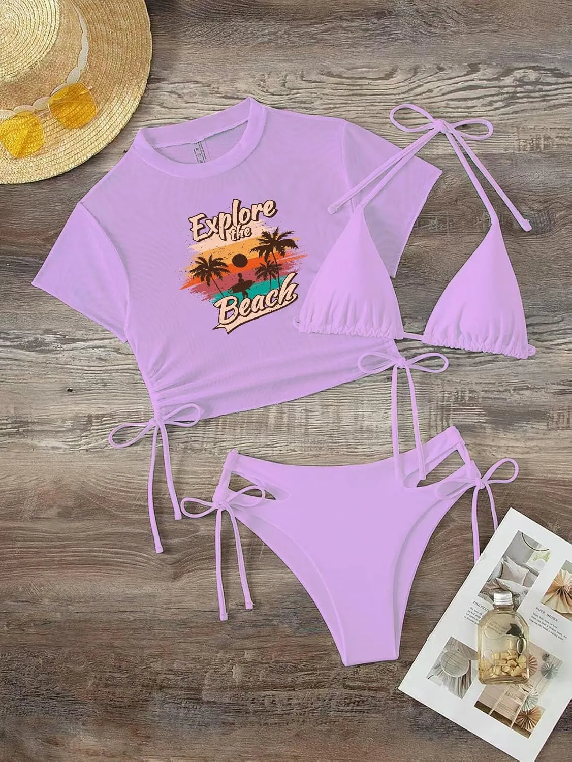 Women's 3 Piece Swimsuit Halter String Bikini Tie Side Mesh Short Sleeve Bathing Suits