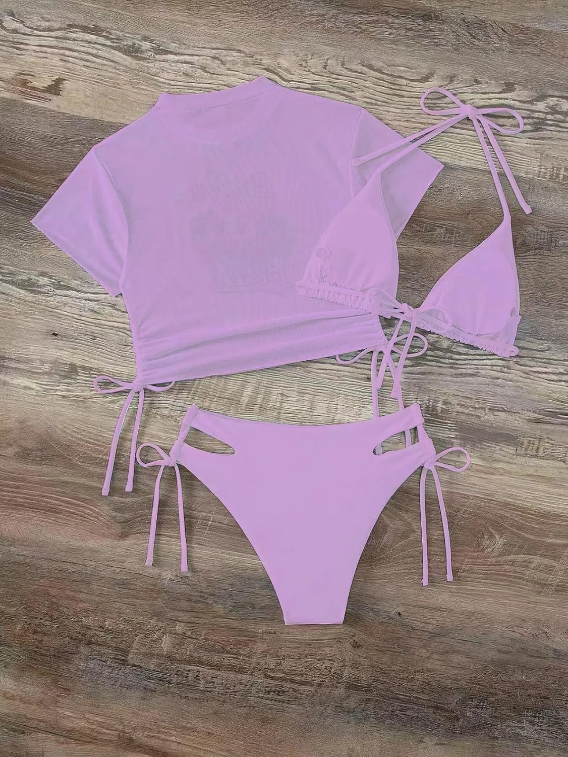 Women's 3 Piece Swimsuit Halter String Bikini Tie Side Mesh Short Sleeve Bathing Suits