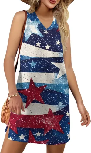 Womens 4th of July Clothing Patriotic V-Neck Summer Casual Beach Vacation Sleeveless Independence Day Print Sundress