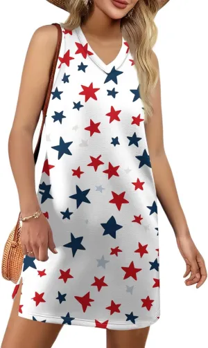 Womens 4th of July Clothing Patriotic V-Neck Summer Casual Beach Vacation Sleeveless Independence Day Print Sundress