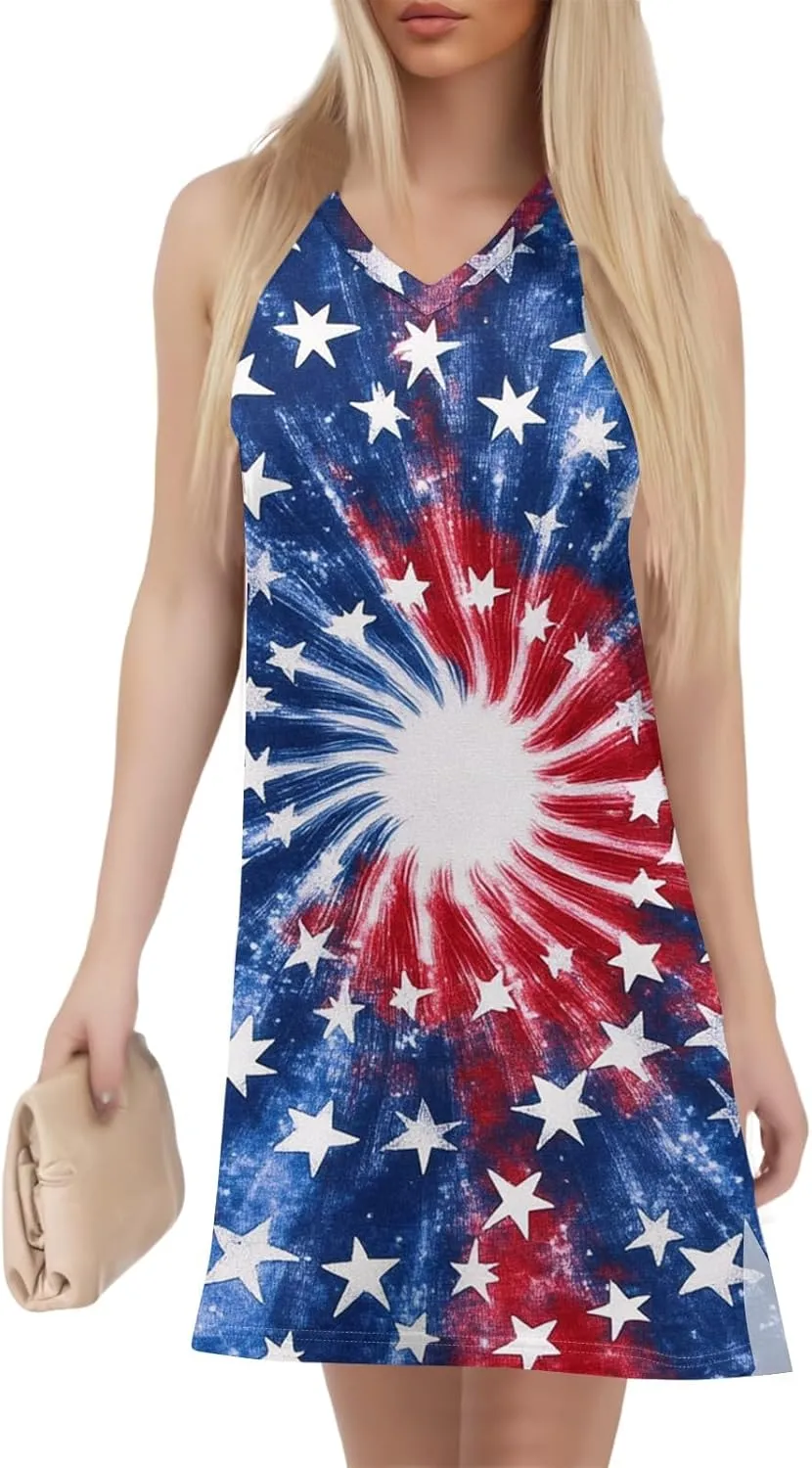 Womens 4th of July Clothing Patriotic V-Neck Summer Casual Beach Vacation Sleeveless Independence Day Print Sundress