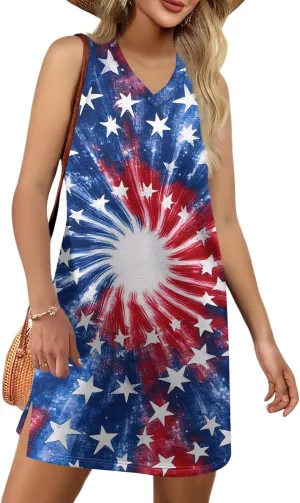 Womens 4th of July Clothing Patriotic V-Neck Summer Casual Beach Vacation Sleeveless Independence Day Print Sundress