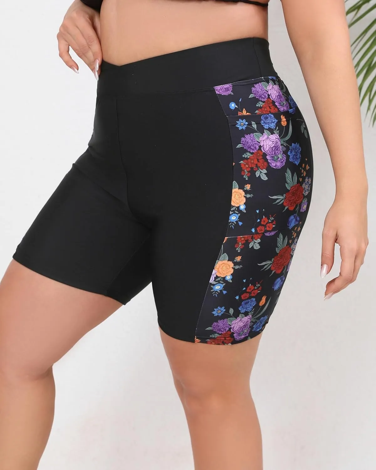 Women's 7" Plus Size Cross High Waisted Board Shorts with Side Pockets Boyshorts Swimsuit Bottoms