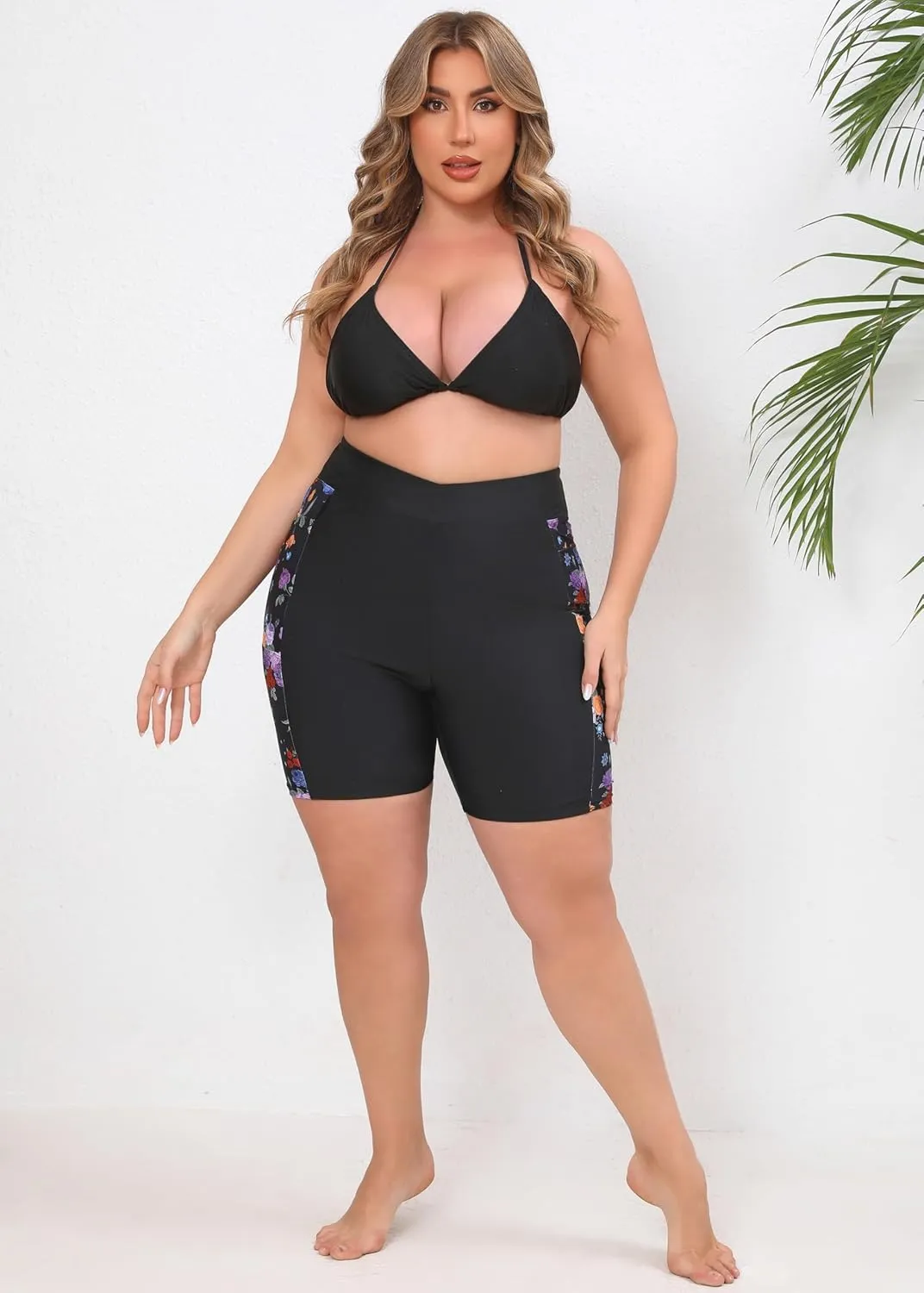 Women's 7" Plus Size Cross High Waisted Board Shorts with Side Pockets Boyshorts Swimsuit Bottoms