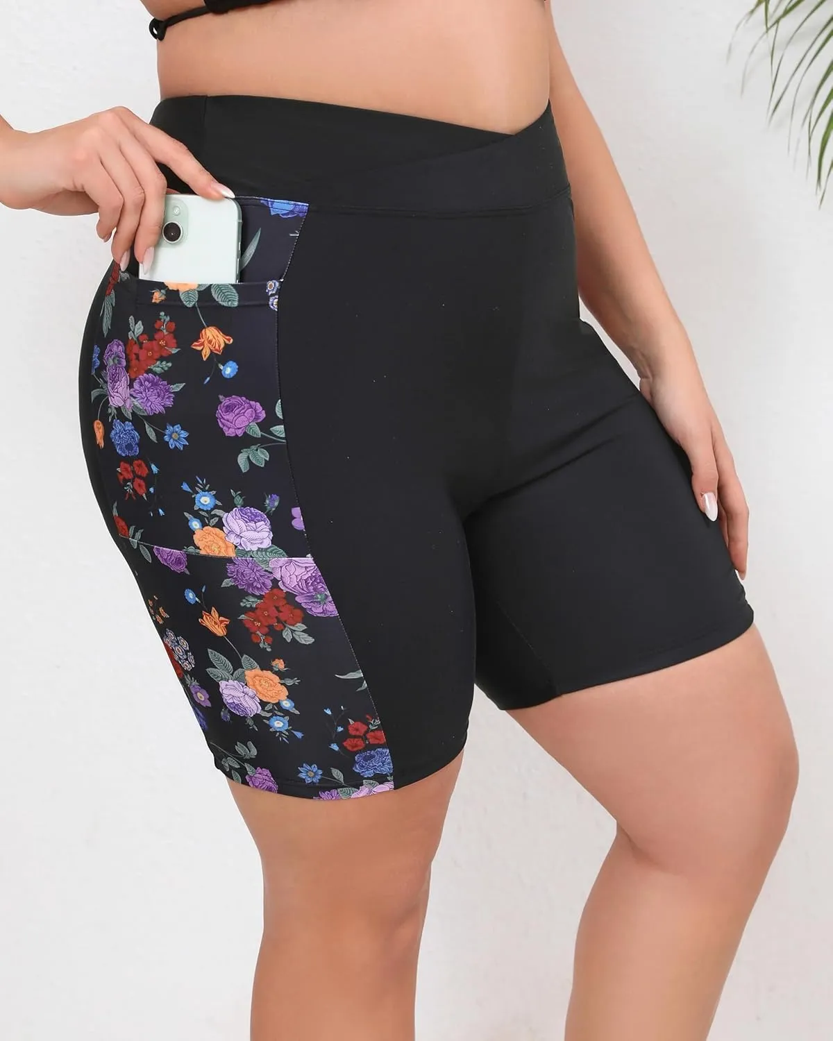Women's 7" Plus Size Cross High Waisted Board Shorts with Side Pockets Boyshorts Swimsuit Bottoms