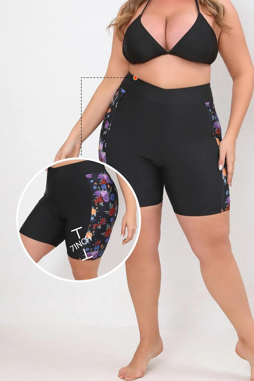 Women's 7" Plus Size Cross High Waisted Board Shorts with Side Pockets Boyshorts Swimsuit Bottoms