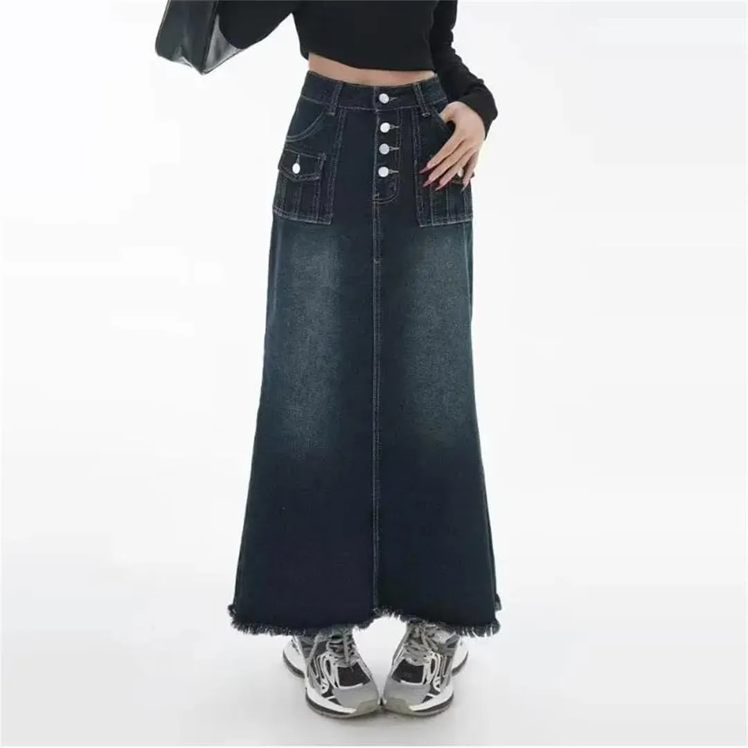 Women's A-Line Cargo Denim Skirt Spring High-Waisted Mid-Length Skirt Retro Raw Edge Style Clothing Skirt
