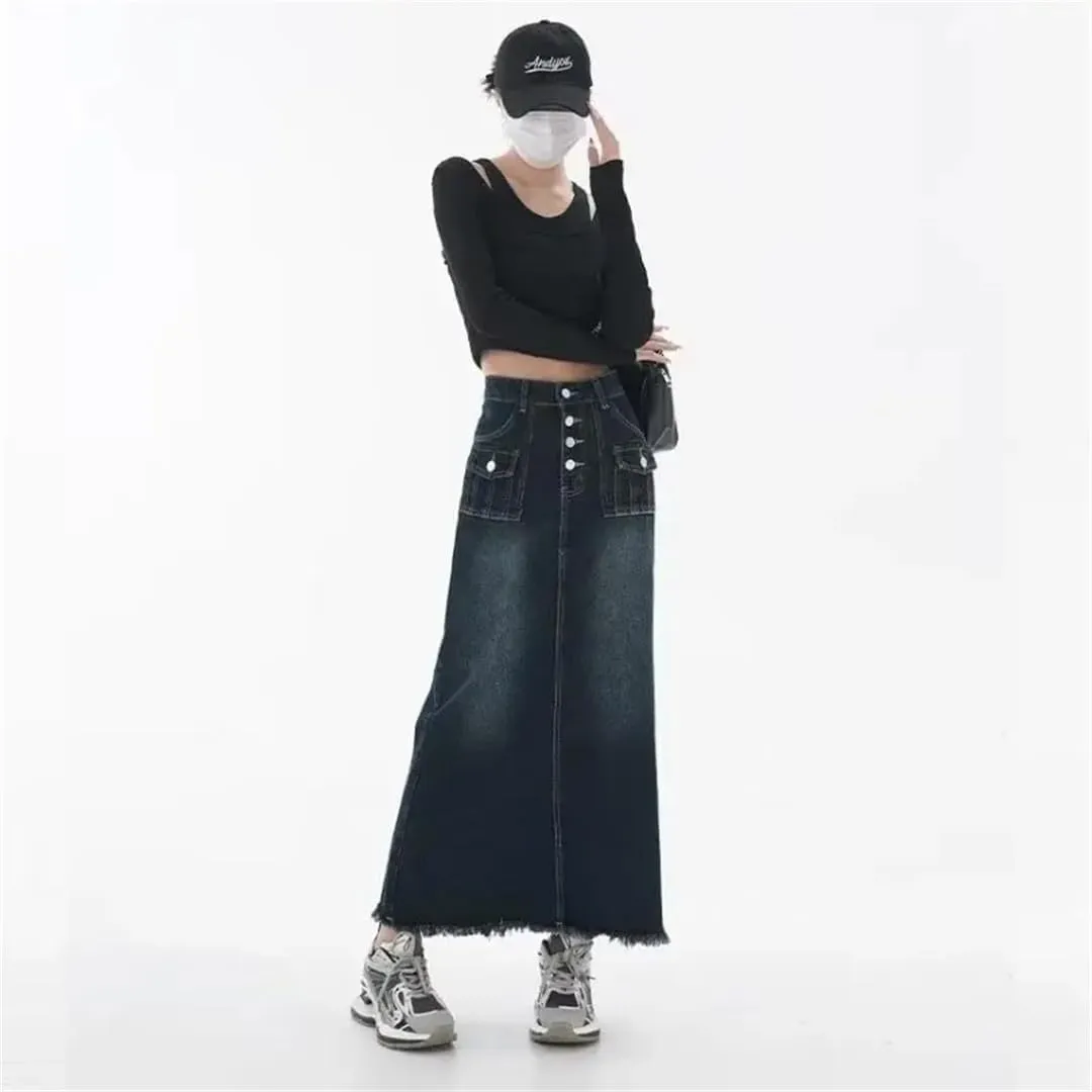 Women's A-Line Cargo Denim Skirt Spring High-Waisted Mid-Length Skirt Retro Raw Edge Style Clothing Skirt