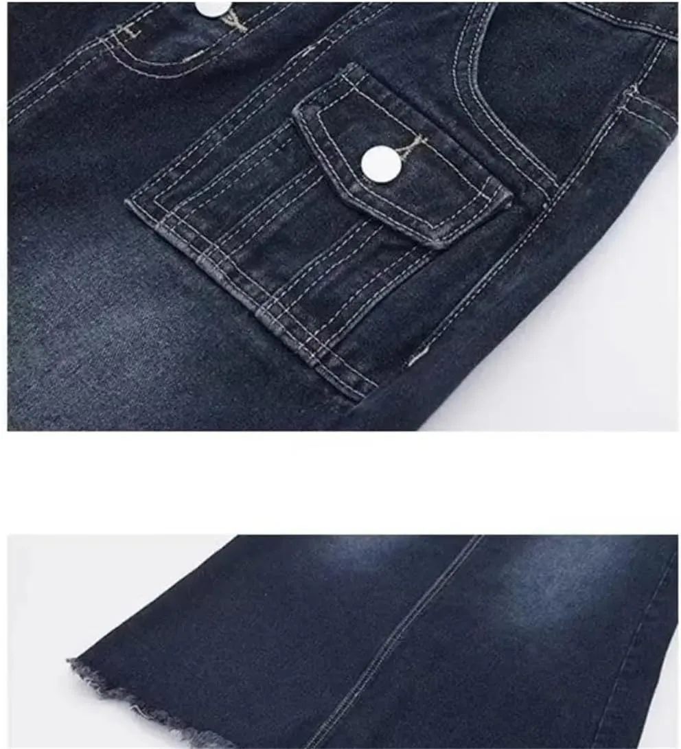 Women's A-Line Cargo Denim Skirt Spring High-Waisted Mid-Length Skirt Retro Raw Edge Style Clothing Skirt