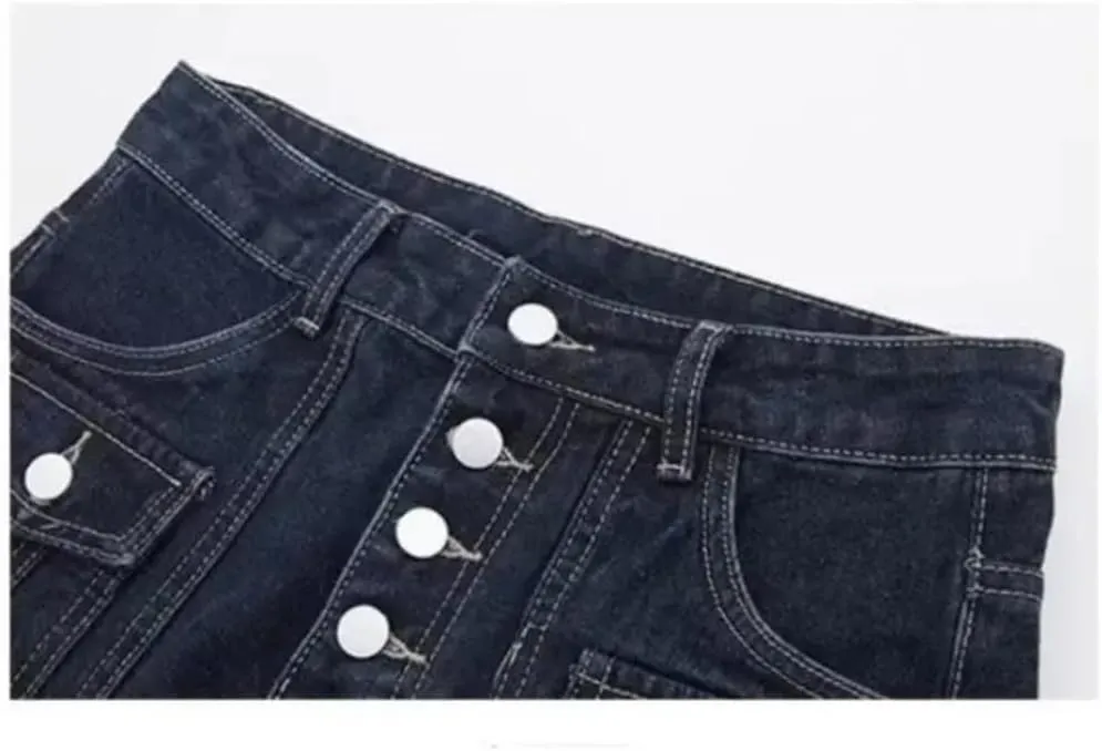 Women's A-Line Cargo Denim Skirt Spring High-Waisted Mid-Length Skirt Retro Raw Edge Style Clothing Skirt