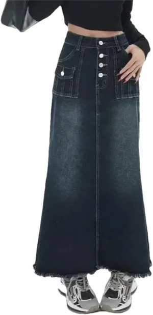 Women's A-Line Cargo Denim Skirt Spring High-Waisted Mid-Length Skirt Retro Raw Edge Style Clothing Skirt