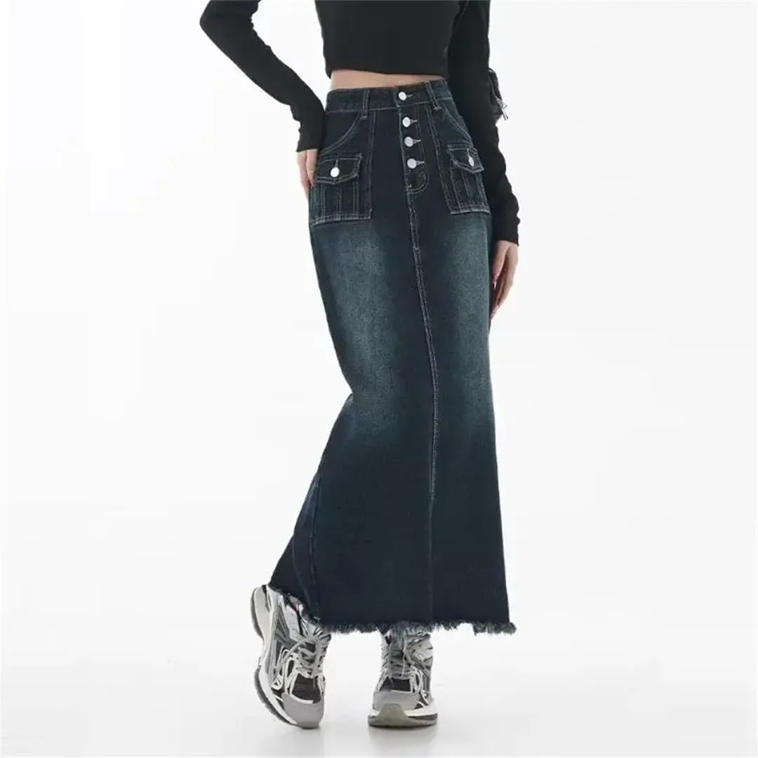 Women's A-Line Cargo Denim Skirt Spring High-Waisted Mid-Length Skirt Retro Raw Edge Style Clothing Skirt