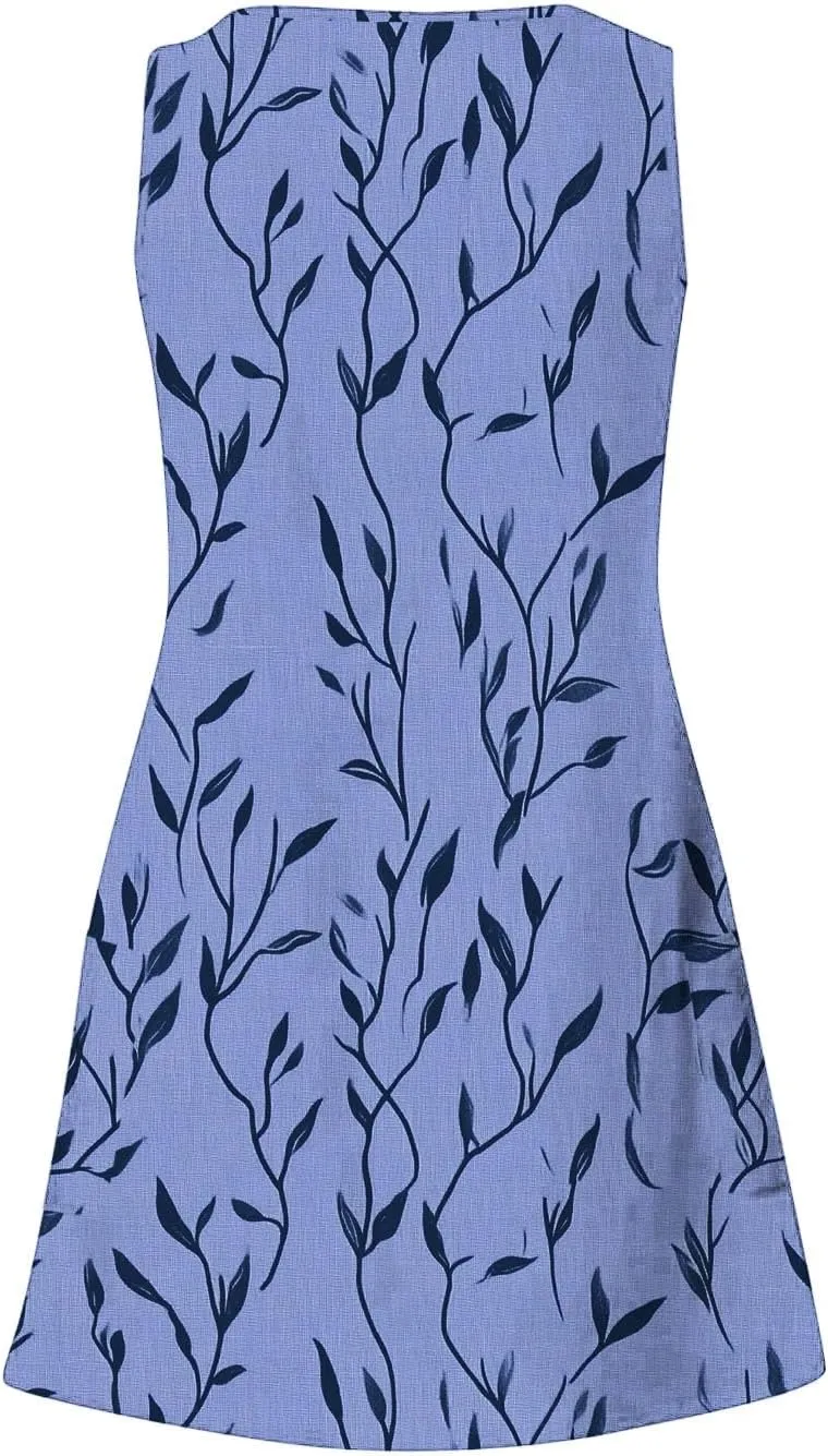 Womens Beach Dresses Trendy Swimsuit Cover Ups Sleeveless Vacation Dresses Floral Flowy Mini Dress Swing Dresses
