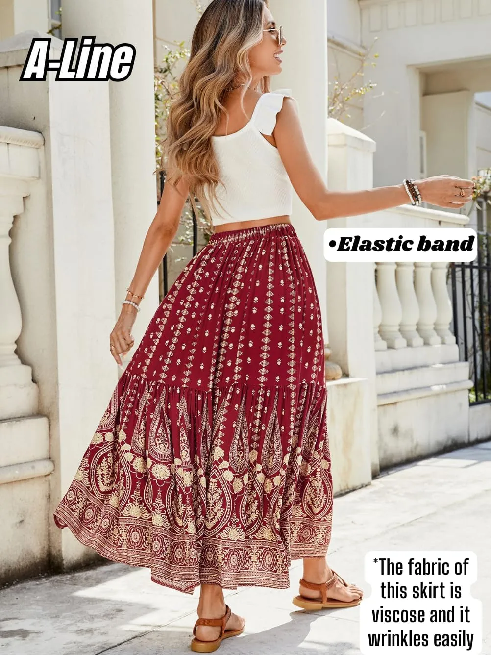 Women's Boho Maxi Skirt, Flowy Tiered, Lightweight Beach Vacation Outfits