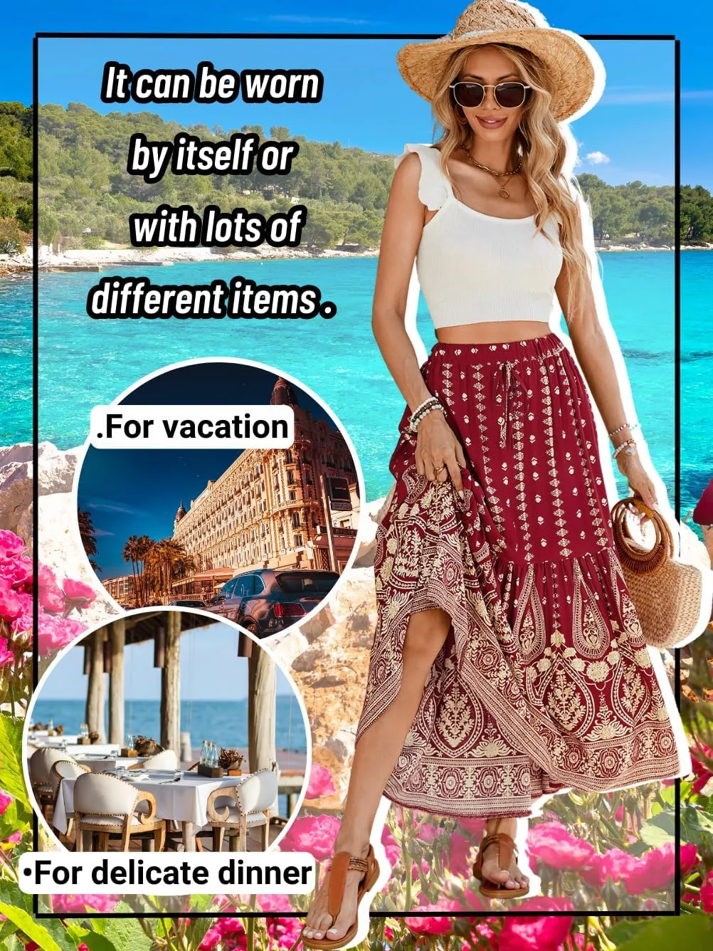 Women's Boho Maxi Skirt, Flowy Tiered, Lightweight Beach Vacation Outfits