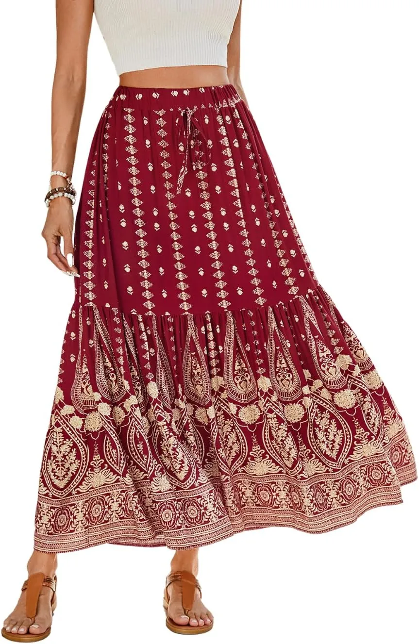 Women's Boho Maxi Skirt, Flowy Tiered, Lightweight Beach Vacation Outfits
