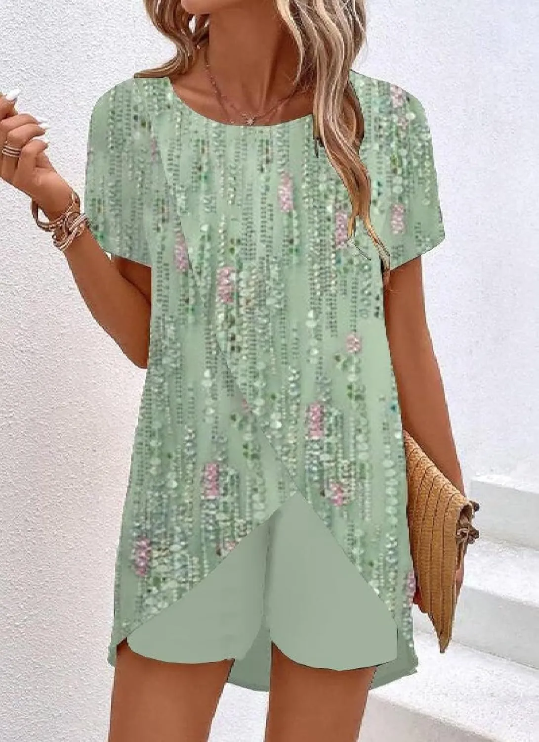 Womens Casual 2 Piece Outfits 2025 Summer Floral Short Sleeve Loungewear Tracksuits Crew Neck Slit Hem Lounge Shorts Sets