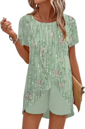 Womens Casual 2 Piece Outfits 2025 Summer Floral Short Sleeve Loungewear Tracksuits Crew Neck Slit Hem Lounge Shorts Sets
