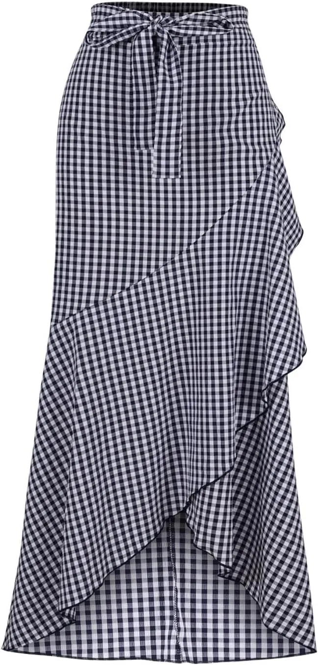 Women's Casual Plaid Mermaid Maxi Skirt A Line Irregular Ruffle Hem Fishtail Skirt Tie High Waist Long Skirt