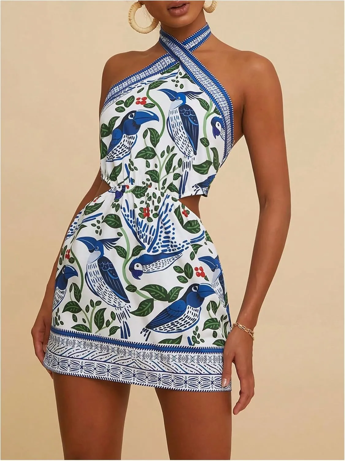 Women's Criss Cross Boho Halter Dress Cut Out Tie Backless Summer Pencil Mini Dresses