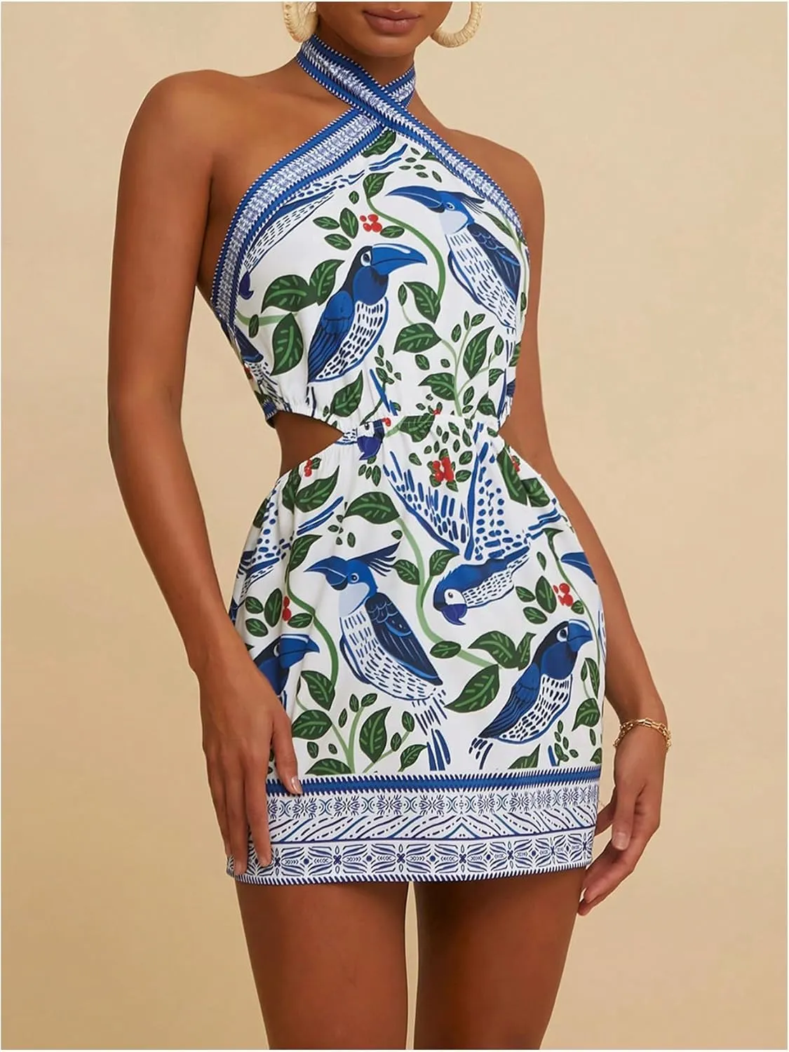 Women's Criss Cross Boho Halter Dress Cut Out Tie Backless Summer Pencil Mini Dresses