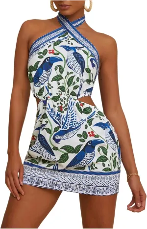 Women's Criss Cross Boho Halter Dress Cut Out Tie Backless Summer Pencil Mini Dresses