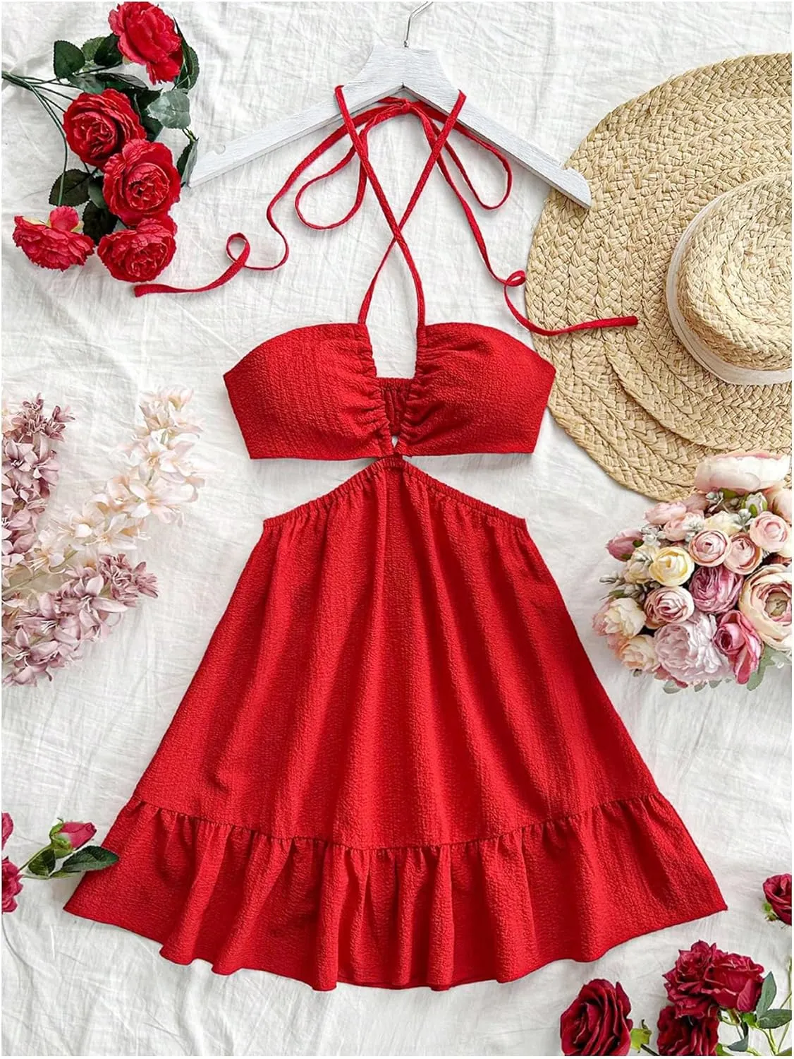 Women's Cut Out Mini Halter Dress Criss Cross Sleeveless Ruffle Hem Vacation Beach Short Dresses