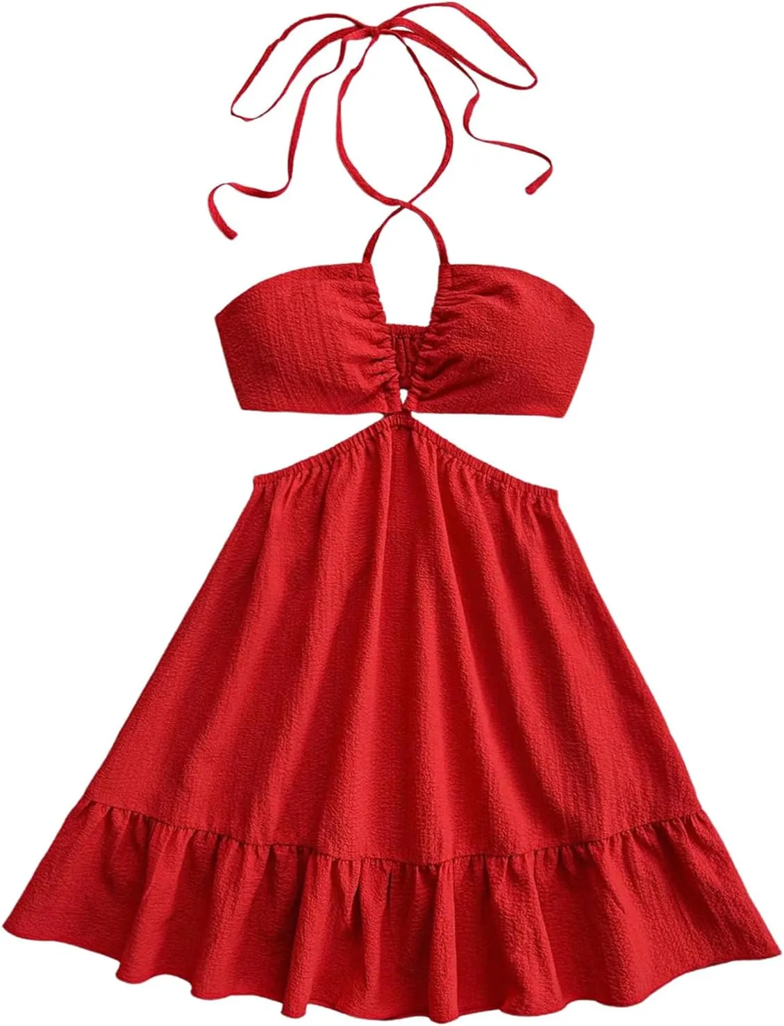 Women's Cut Out Mini Halter Dress Criss Cross Sleeveless Ruffle Hem Vacation Beach Short Dresses