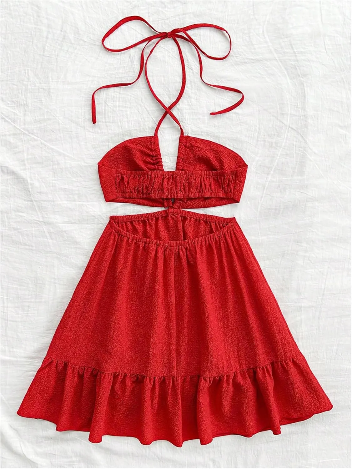 Women's Cut Out Mini Halter Dress Criss Cross Sleeveless Ruffle Hem Vacation Beach Short Dresses