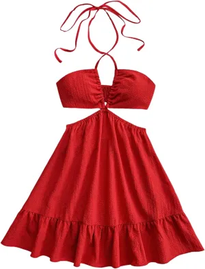 Women's Cut Out Mini Halter Dress Criss Cross Sleeveless Ruffle Hem Vacation Beach Short Dresses