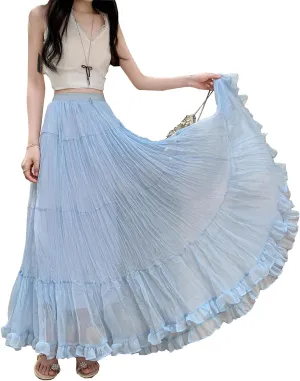 Womens Cute High Waist Maxi Skirt Boho Flowy A Line Dance Long Pleated Skirts