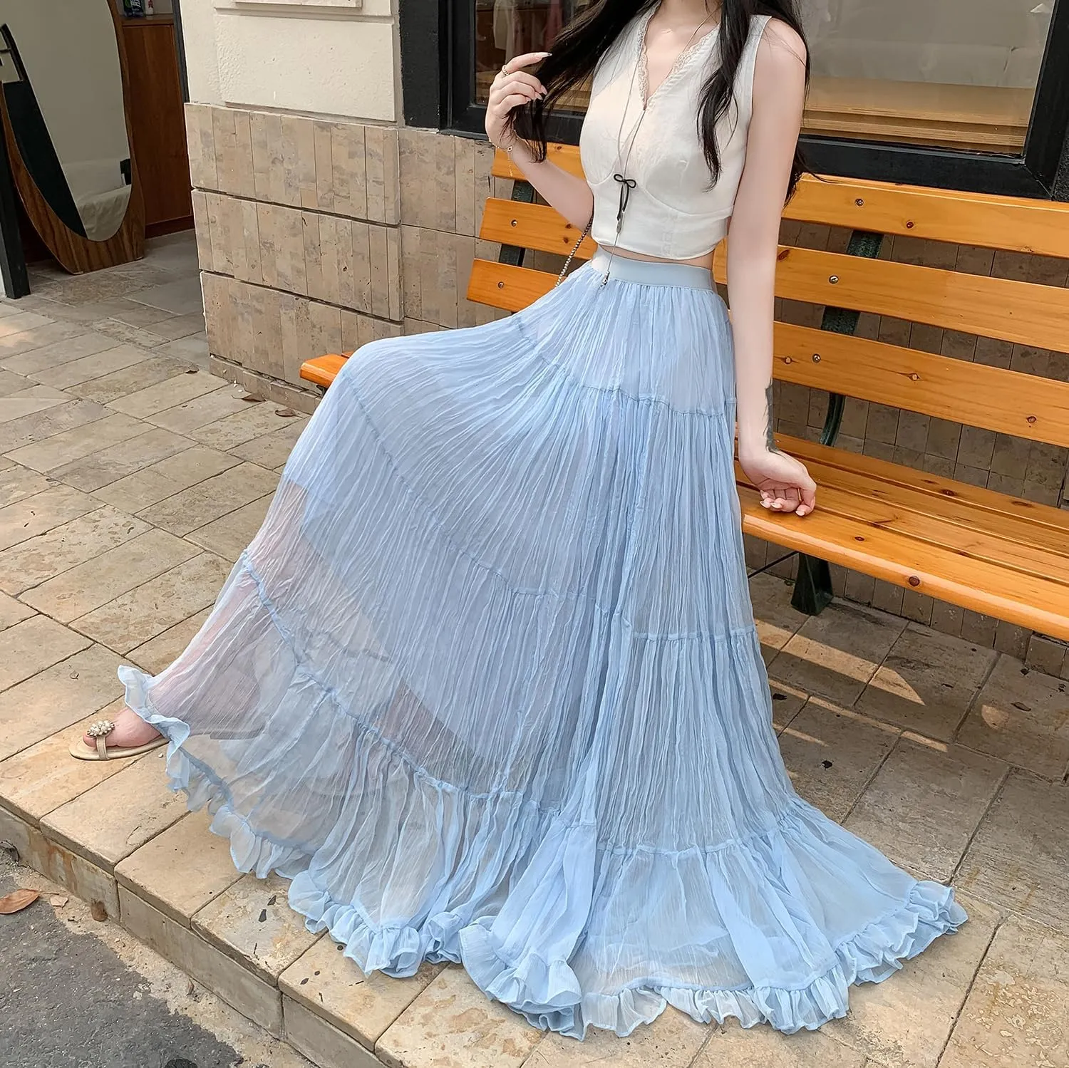 Womens Cute High Waist Maxi Skirt Boho Flowy A Line Dance Long Pleated Skirts