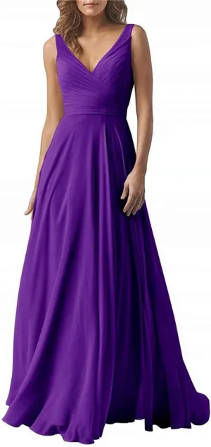Women's Double V Neck Long Bridesmaid Dress Chiffon Wedding Evening Gown for Juniors Purple US12