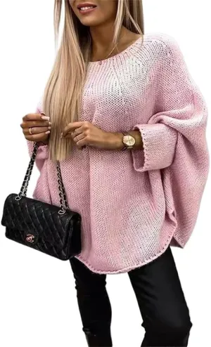 Womens Elegant Cloak Style Sweater Top, O-Neck, 3/4 Sleeves, Loose Fit, Solid Color Knit for Breathable Comfort