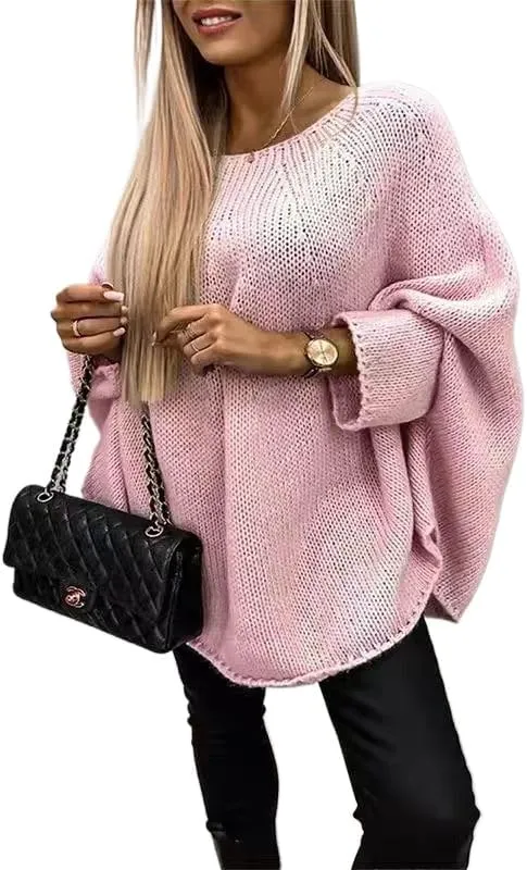Womens Elegant Cloak Style Sweater Top, O-Neck, 3/4 Sleeves, Loose Fit, Solid Color Knit for Breathable Comfort