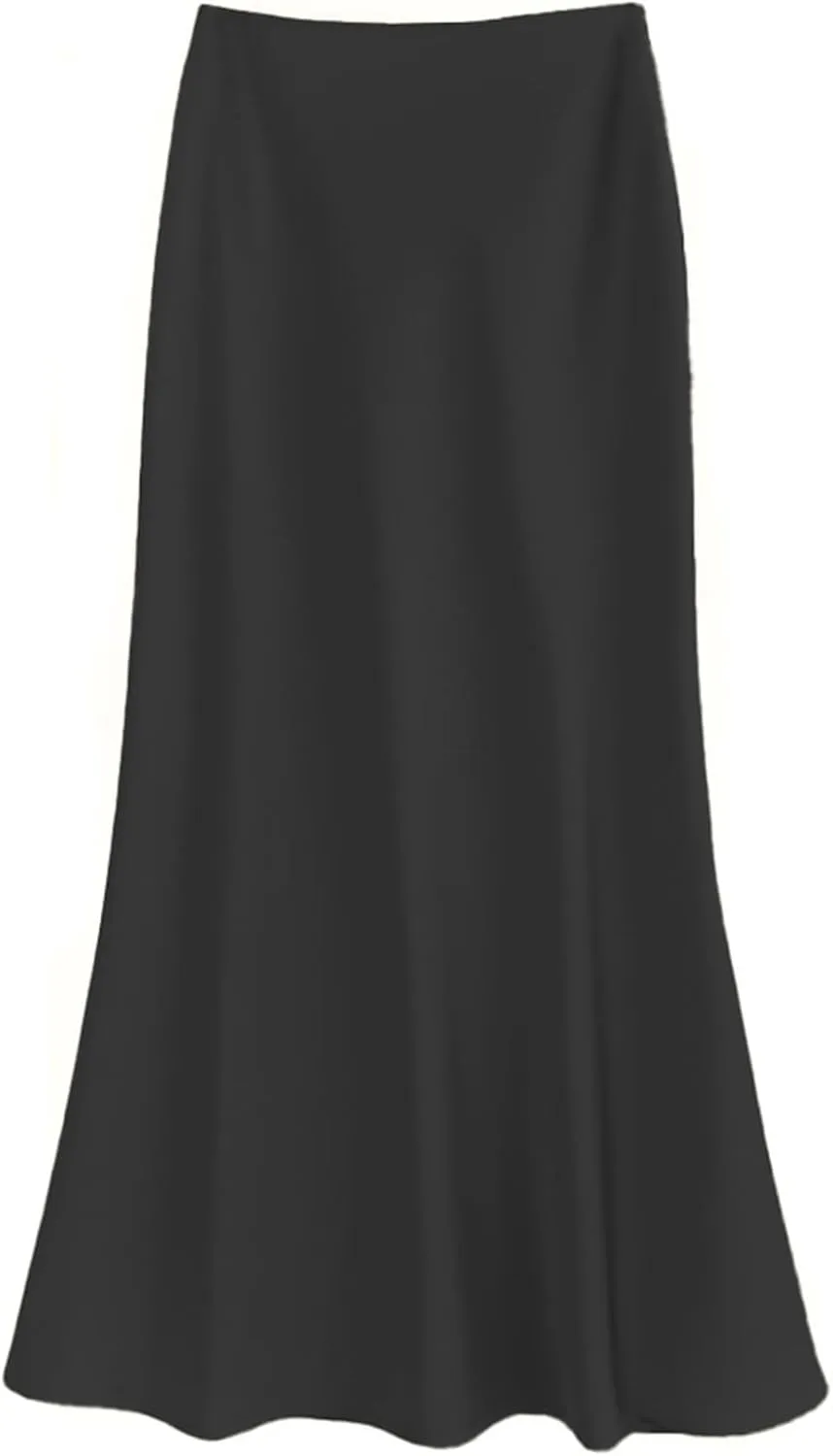 Women's Elegant Satin Skirts High Waisted Flared Casual Work Office Fishtail A Line Long Skirt
