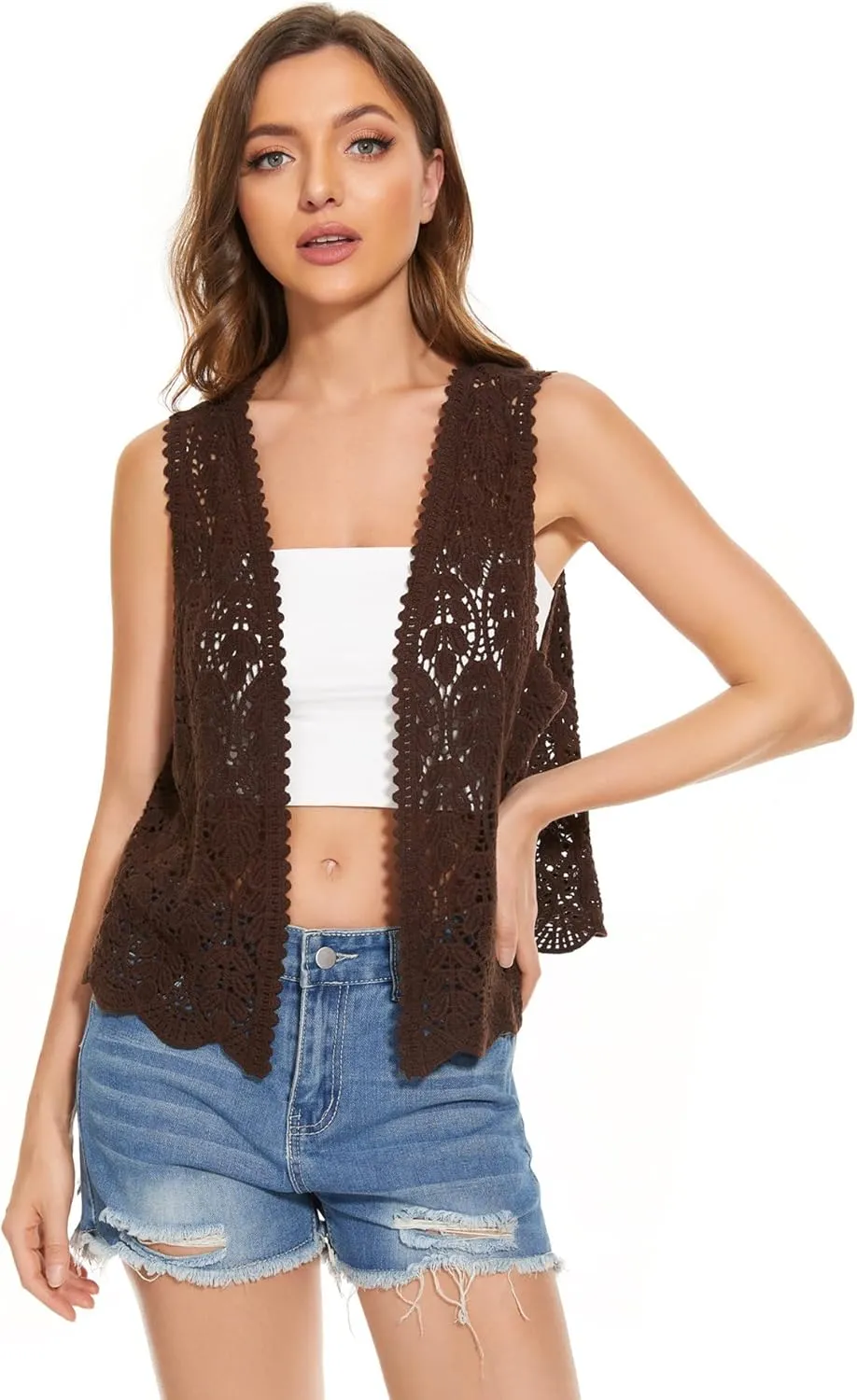 Womens Floral Crochet Lace Trim Sleeveless Open Front Vest Cardigan