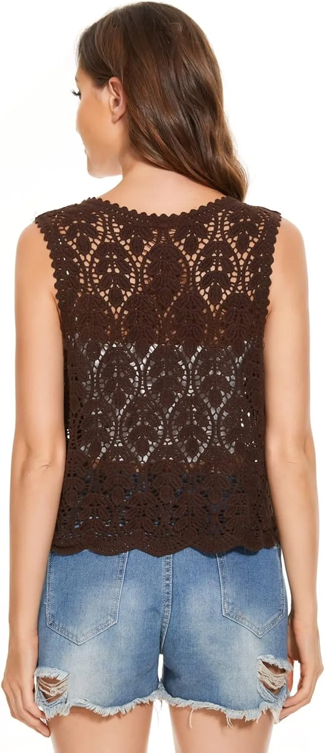 Womens Floral Crochet Lace Trim Sleeveless Open Front Vest Cardigan