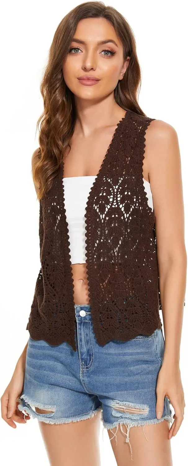 Womens Floral Crochet Lace Trim Sleeveless Open Front Vest Cardigan