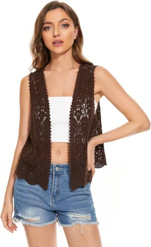 Womens Floral Crochet Lace Trim Sleeveless Open Front Vest Cardigan