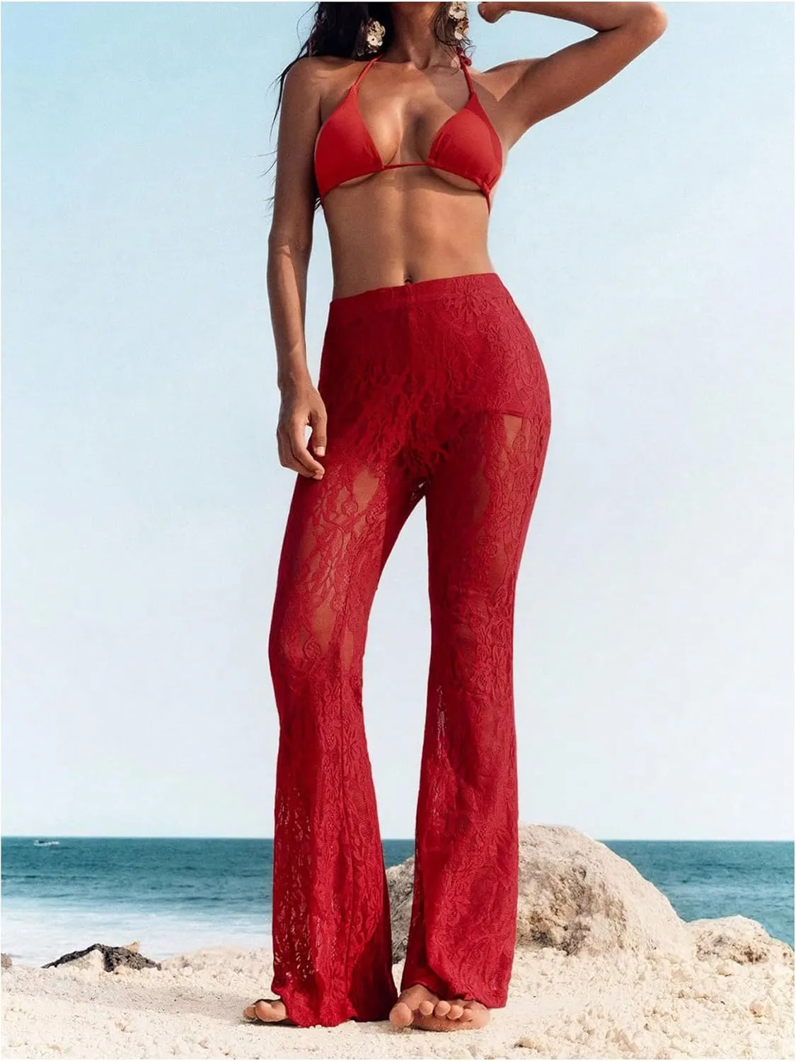 Women's Floral Lace Sheer Mesh Flare Pants Elastic High Waisted Long Trousers