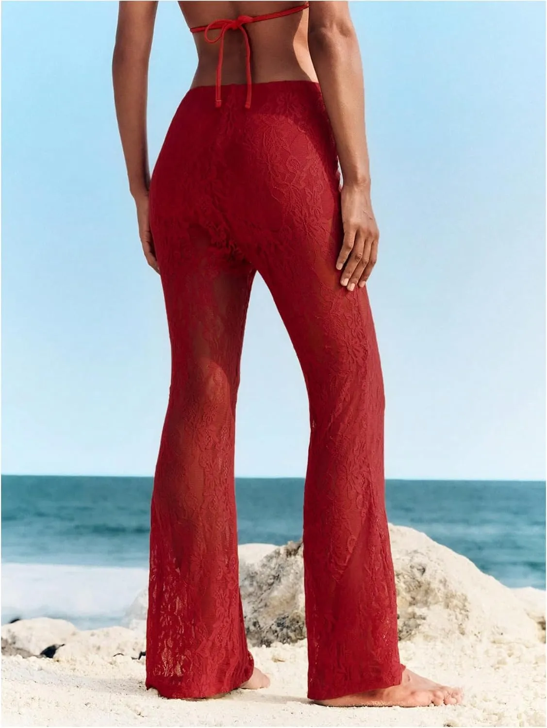 Women's Floral Lace Sheer Mesh Flare Pants Elastic High Waisted Long Trousers