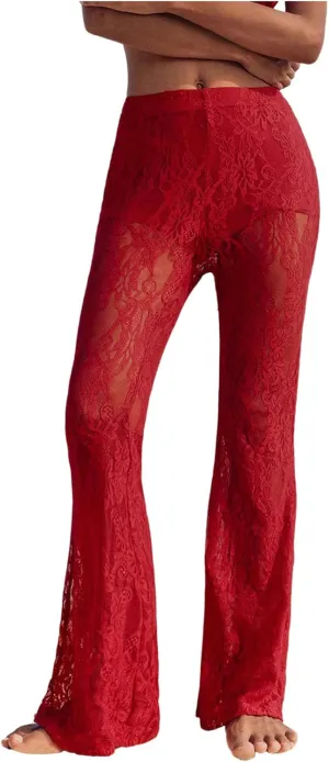 Women's Floral Lace Sheer Mesh Flare Pants Elastic High Waisted Long Trousers
