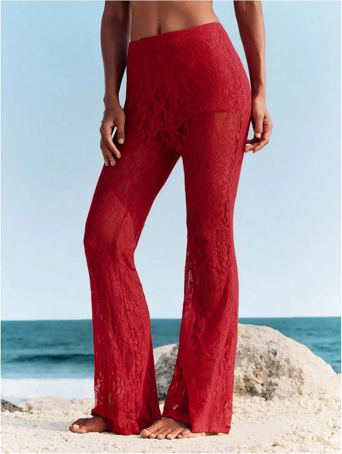 Women's Floral Lace Sheer Mesh Flare Pants Elastic High Waisted Long Trousers