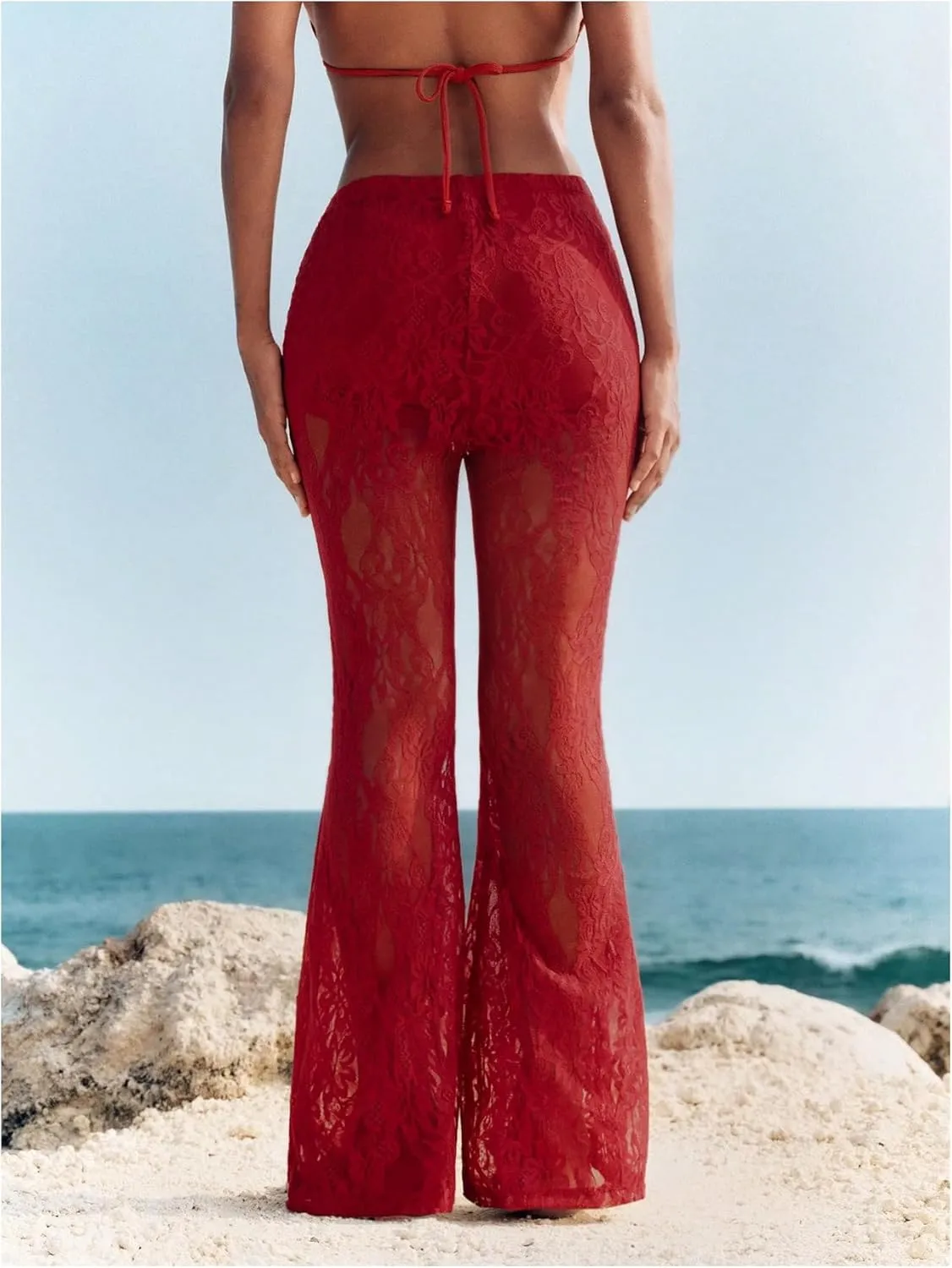 Women's Floral Lace Sheer Mesh Flare Pants Elastic High Waisted Long Trousers