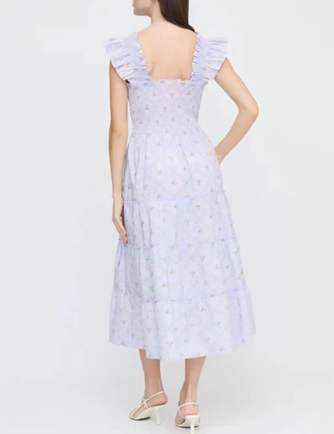 Women's Floral Midi Dress Ruffle Sleeveless Square Neck A Line Smocked Flowy Tiered Long Dress