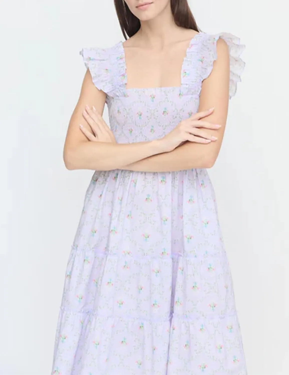 Women's Floral Midi Dress Ruffle Sleeveless Square Neck A Line Smocked Flowy Tiered Long Dress