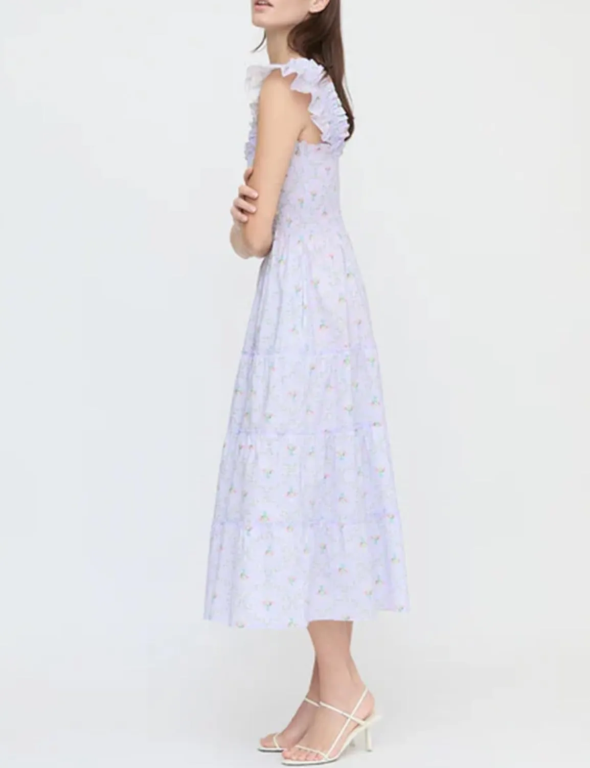 Women's Floral Midi Dress Ruffle Sleeveless Square Neck A Line Smocked Flowy Tiered Long Dress